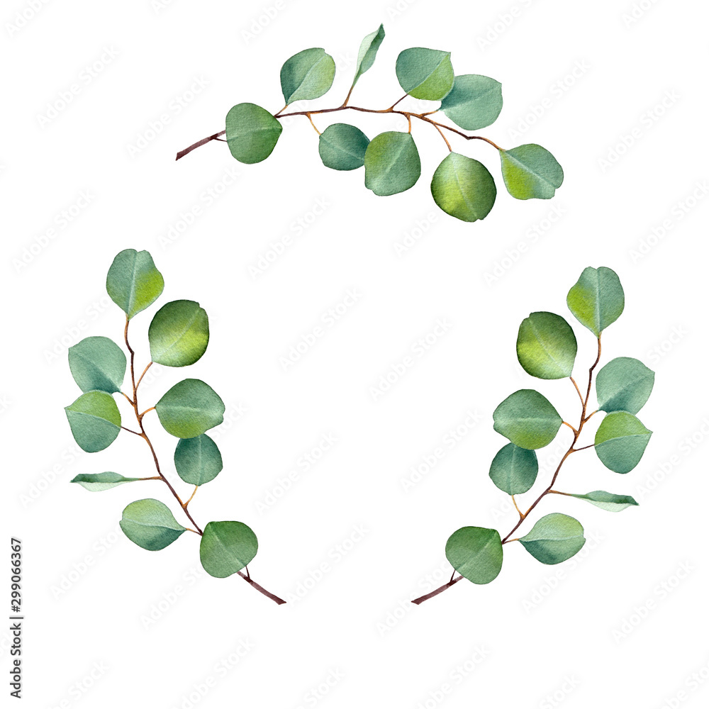 Watercolor floral illustration with eucalyptus green leaves and branch isolated on white background. Hand painted wreath flowers for wedding invitation, save the date or greeting design.