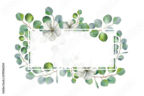 Watercolor floral illustration with eucalyptus green leaves and branch isolated on white background. Hand painted frame for wedding invitation  save the date or greeting design.