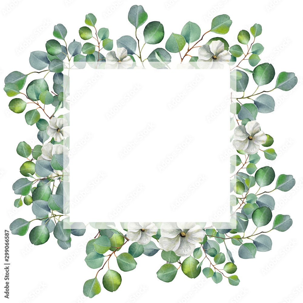 Watercolor floral frame with eucalyptus green leaves and branch ...