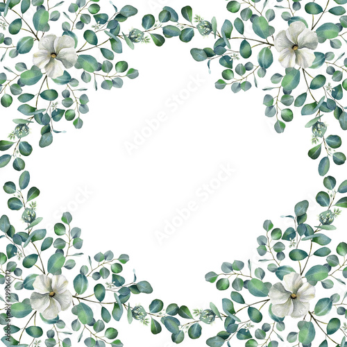 Watercolor floral illustration with eucalyptus green leaves and jasmine flower isolated on white background. Hand painted wreath flowers for wedding invitation, save the date or greeting design.