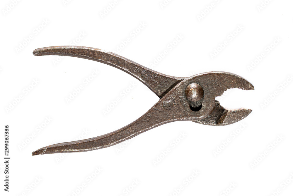 Old Plier open and isolated on a white background, vintage hand tool. Old Plier open and isolated on a white background, vintage hand tool.