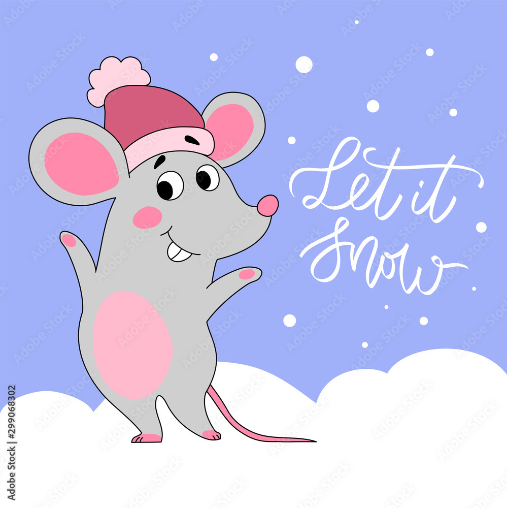 Cute mouse in a hat. New Year illustration. Let it snow Cute mouse in a hat. New Year illustration. Let it snow