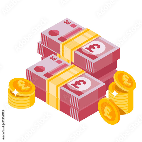 Isometric pounds of sterling. Isolated pounds of sterling and coins. Vector isometric money icon on a white background. Money flat icon in isometric style. Money illustration of wealth and condit photo