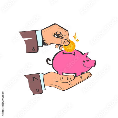 Money saving concept. Money in a piggy bank. Vector illustration flat design. Isolated on white background. Coin in hands, putting in a piggy bank. Cartoon sketch style.