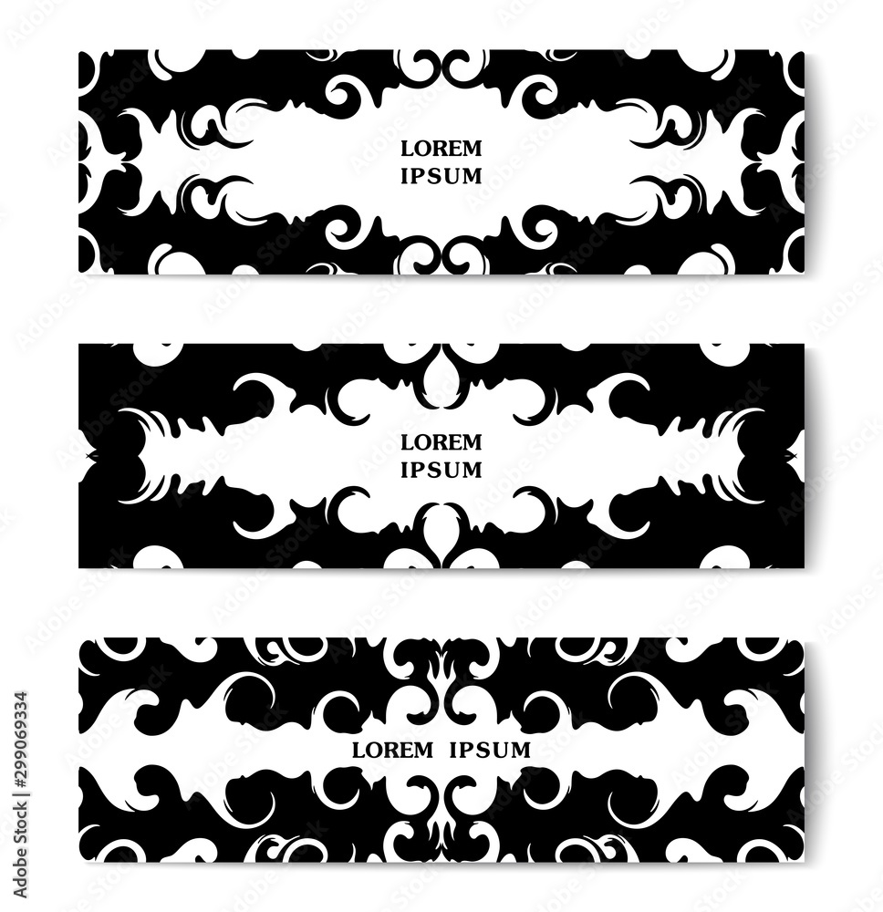 Abstract symmetric liquid forms. Futuristic shapes design. Set of banners with fantasy print. Vector design
