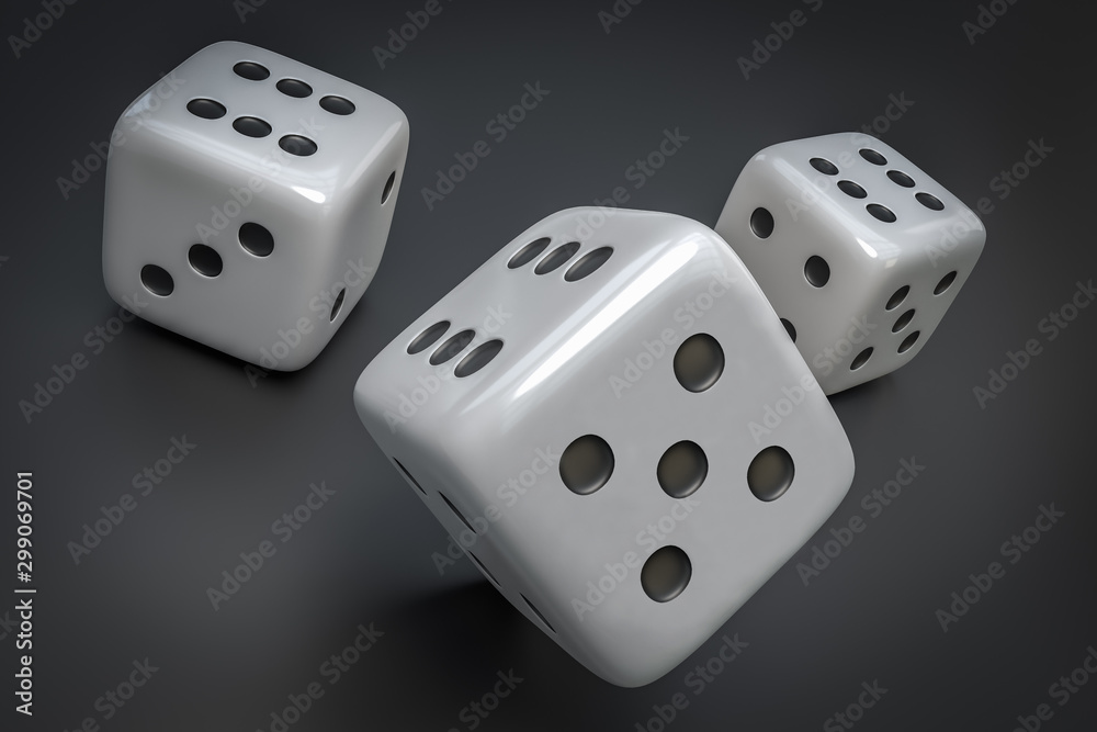 Set of white dice with black dots isolated on black background Set of white dice with black dots isolated on black background