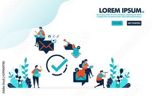 Read verified e-mail. Verify circle symbol to receive and reply messages.Simple tick symbol vector illustration for landing page, web, banner, template, background, mobile apps, ui, flyer, poster