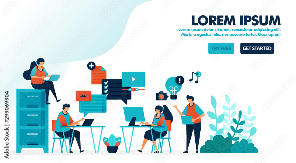 Millennial workplace ideas for brainstorming. Company office startup. Coworking space concept design. Flat vector illustration for landing page, web, website, banner, mobile apps, flyer, poster, ui