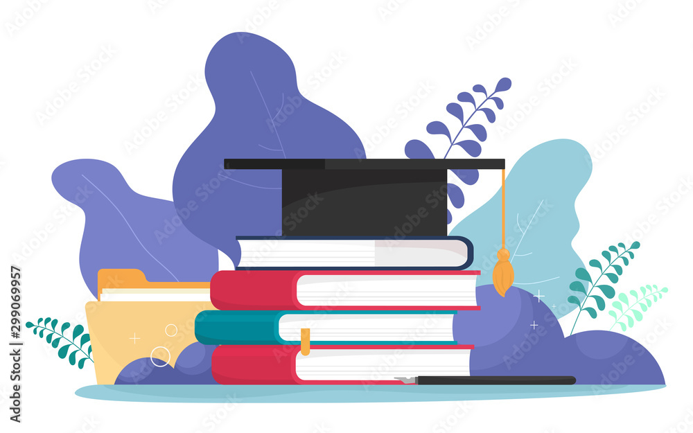 Student hat with a brush, a stack of books, files and a pen with a pen. Education, students, dissertation, training. Vector illustration i in cartoon flat style. - obrazy, fototapety, plakaty 