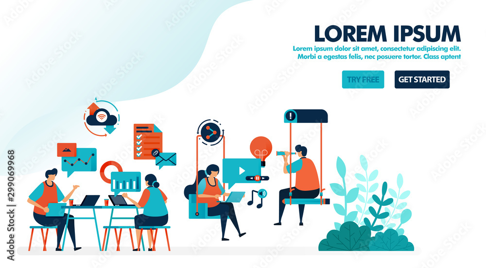 Brainstorming to solve problem. Startup office with swing. Modern workplace or coworking space. Play and work. Flat vector illustration for landing page, web, website, banner, mobile, flyer, poster