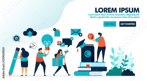 Collect and save money for education and scholarship program. Stack of book for learning and ideas. Flat vector illustration for landing page, web, website, banner, mobile apps, flyer, poster, ui