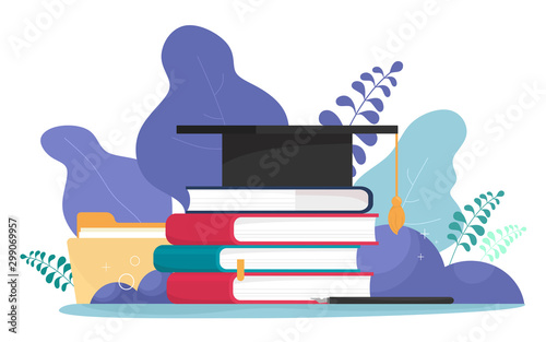Student hat with a brush, a stack of books, files and a pen with a pen. Education, students, dissertation, training. Vector illustration i in cartoon flat style.