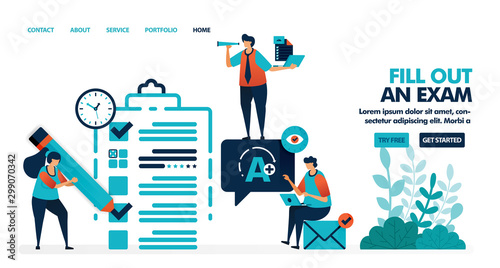 Fill in test sheet with a check and cross. Get an A+ on exam or class promotion test. Verify exam results. Flat vector illustration for landing page, web, website, banner, mobile apps, flyer, poster