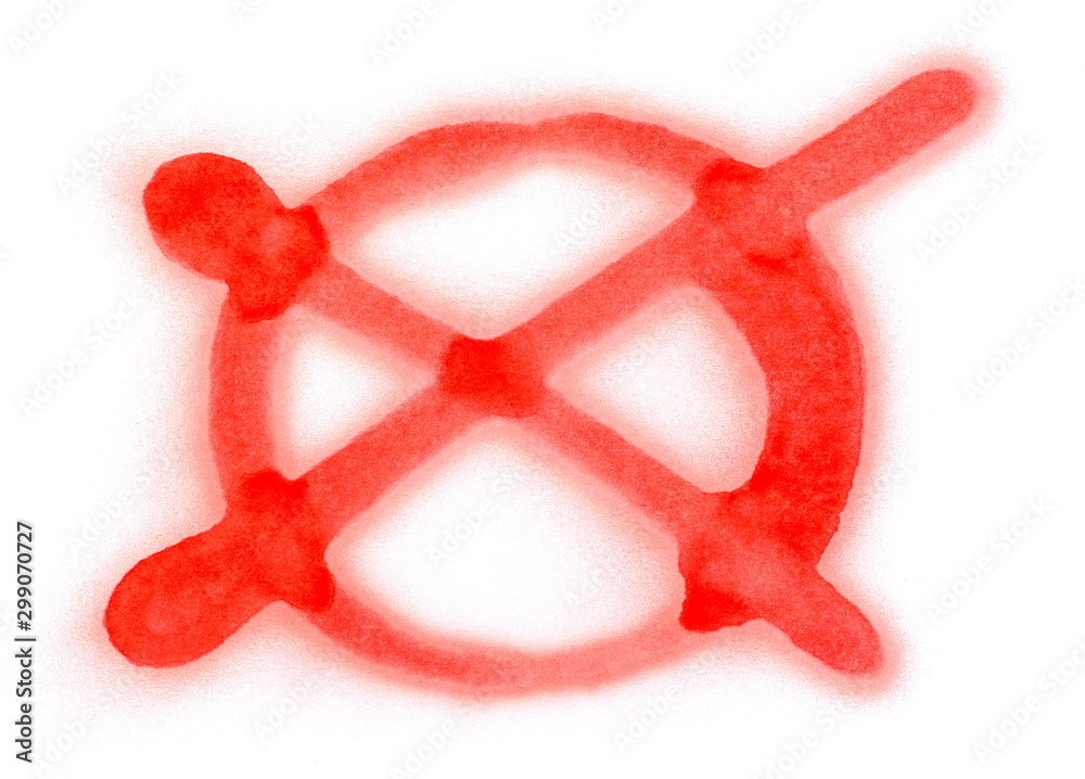 Red spray painted, stained graffiti crossed out circle isolated on