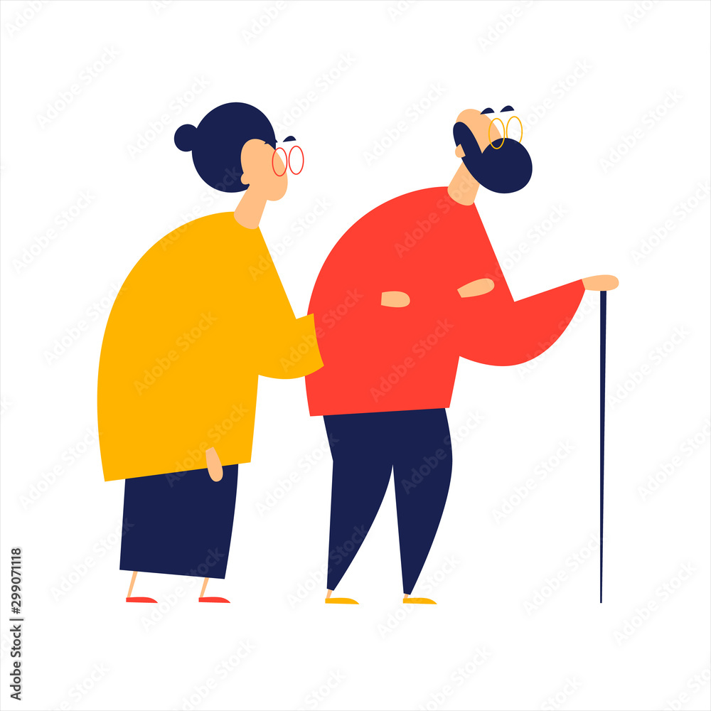 Grandfather and grandmother on a walk. Flat style vector illustration.