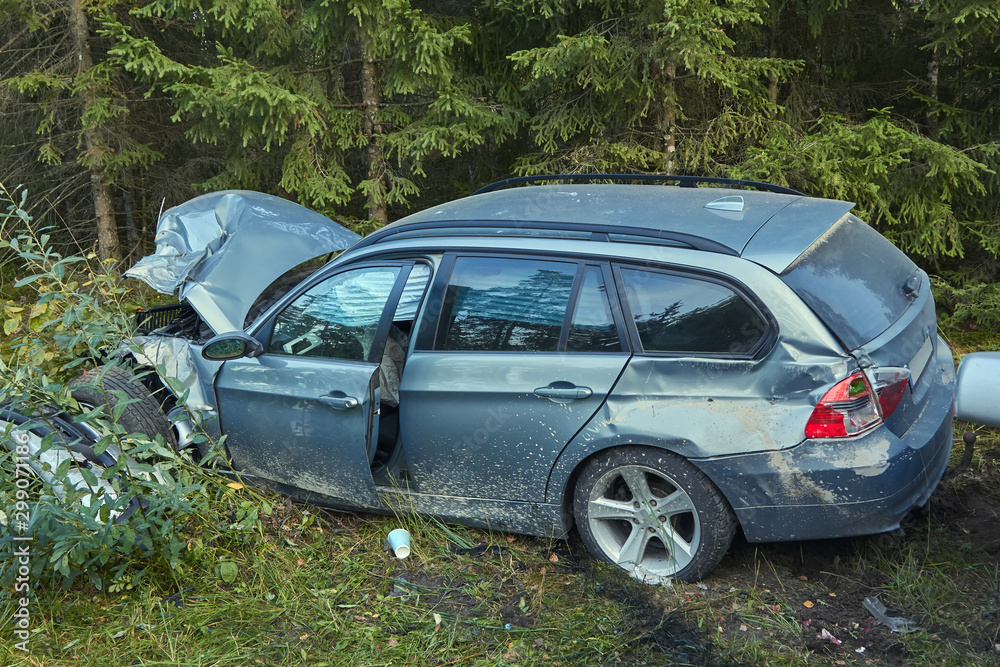 Front side of car after accident on a road