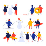group of people skiing, sculpting a snowman, decorating a Christmas tree, snowboard, new year. Flat style vector illustration.