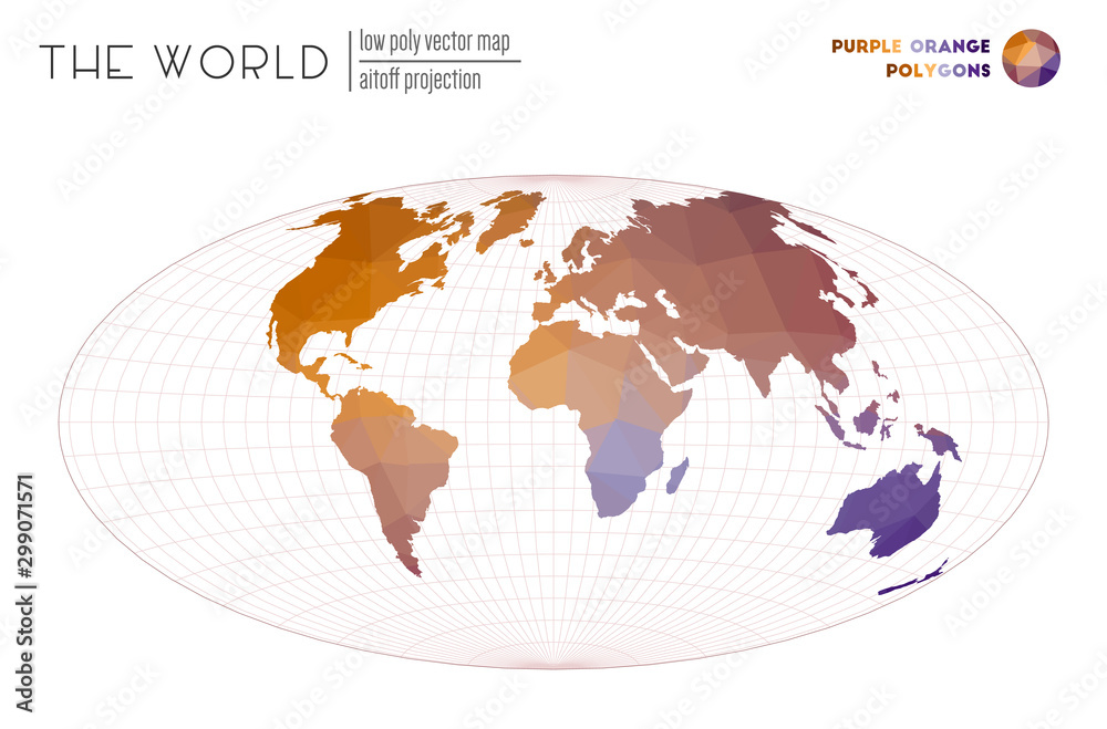 Abstract geometric world map. Aitoff projection of the world. Purple and orange colored polygons. Amazing vector illustration. Abstract geometric world map. Aitoff projection of the world. Purple and orange colored polygons. Amazing vector illustration.