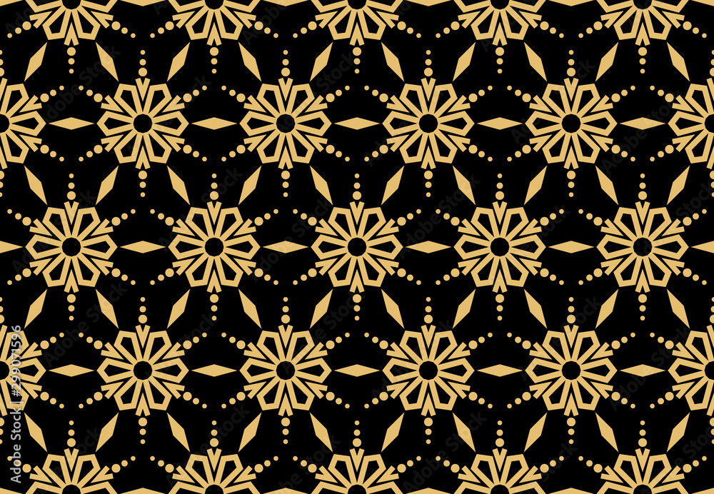 Abstract geometric pattern with lines, snowflakes. A seamless vector background. Gold and black texture. Graphic modern pattern