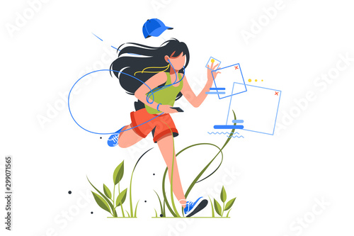 Girl running with phone and headset outdoor