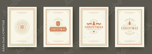 Christmas cards set vintage typographic design ornate decorations symbols with winter holidays wish vector illustration