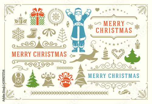 Christmas vector decoration symbols, ornate vignettes and icons for labels, badges and greeting card vector illustration