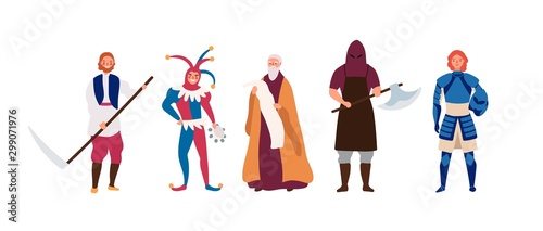Medieval male characters flat vector illustrations set. Cartoon executioner, peasant, herald, brave knight and happy jester. Masquerade costumes, historic people isolated on white background.