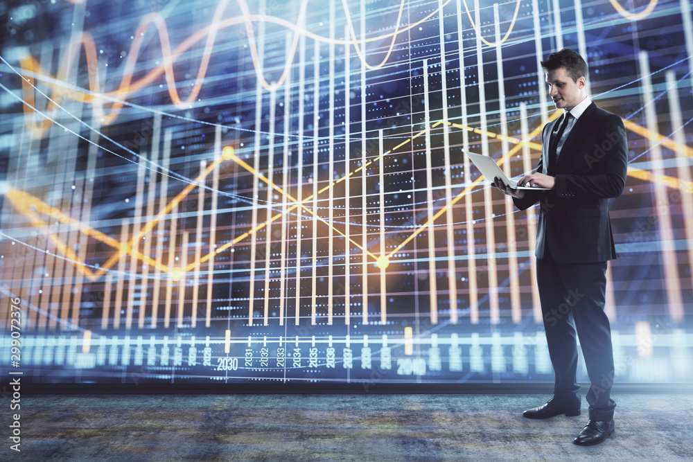 Businessman and forex graph hologram. Double exposure. Concept of financial education and analysis Businessman and forex graph hologram. Double exposure. Concept of financial education and analysis