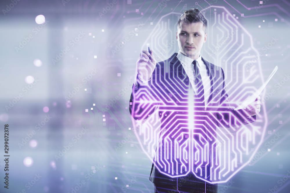 Man and brain icon hologram. Double exposure. Concept of data development Man and brain icon hologram. Double exposure. Concept of data development