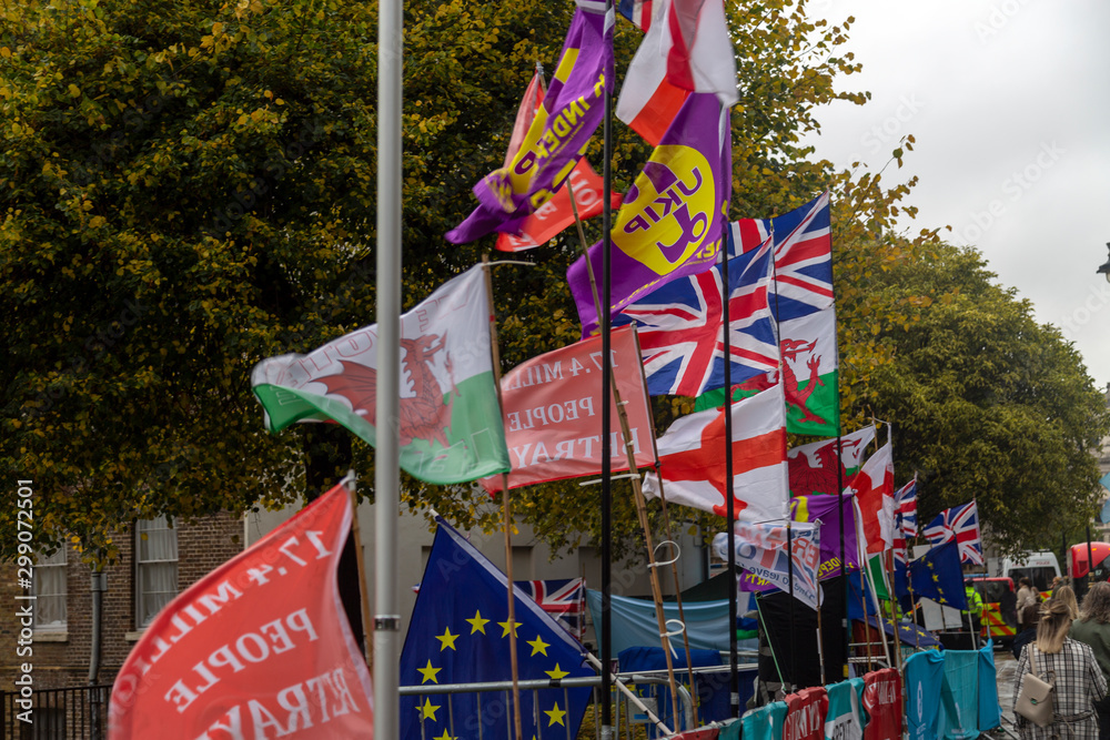 Editorial LONDON, UK - OCTOBER 24, 2019: The flags and banners of the demonstrators in London at the Palace of Westminster during the Brexit crisis.