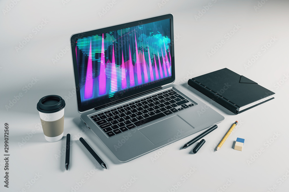 Laptop closeup with forex graph and world map on computer screen. Financial trading and education concept. 3d rendering. Laptop closeup with forex graph and world map on computer screen. Financial trading and education concept. 3d rendering.
