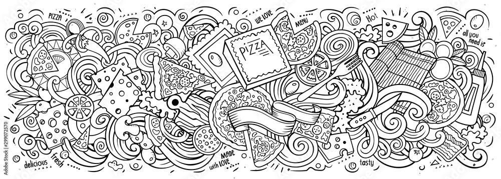 Pizza hand drawn cartoon doodles illustration. Line art vector banner