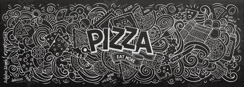 Pizza hand drawn cartoon doodles illustration. Line art vector banner