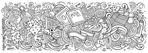 Pizza hand drawn cartoon doodles illustration. Line art vector banner