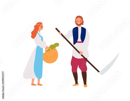 Medieval peasant family flat vector illustration