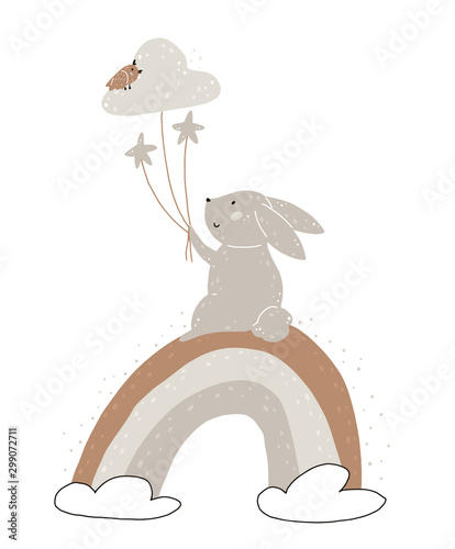 Vector illustration with cute rabbit, rainbow, stars and cloud balloons. Hand drawn in Scandinavian style design for kids. The concept for textiles, postcards, baby shower, babywear, nursery.