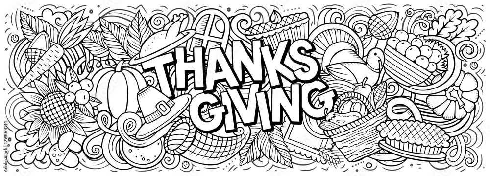 Happy Thanksgiving hand drawn cartoon doodles illustration.