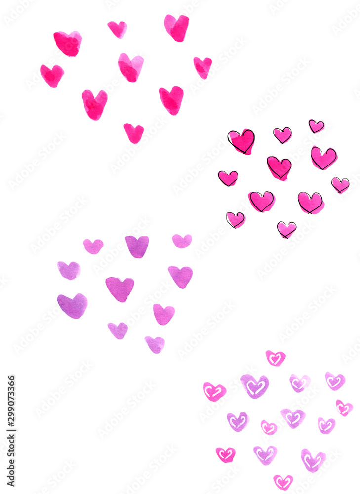  pink and purple watercolor hearts for Valentine's Day cards with and without stroke