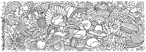 Happy Thanksgiving hand drawn cartoon doodles illustration.