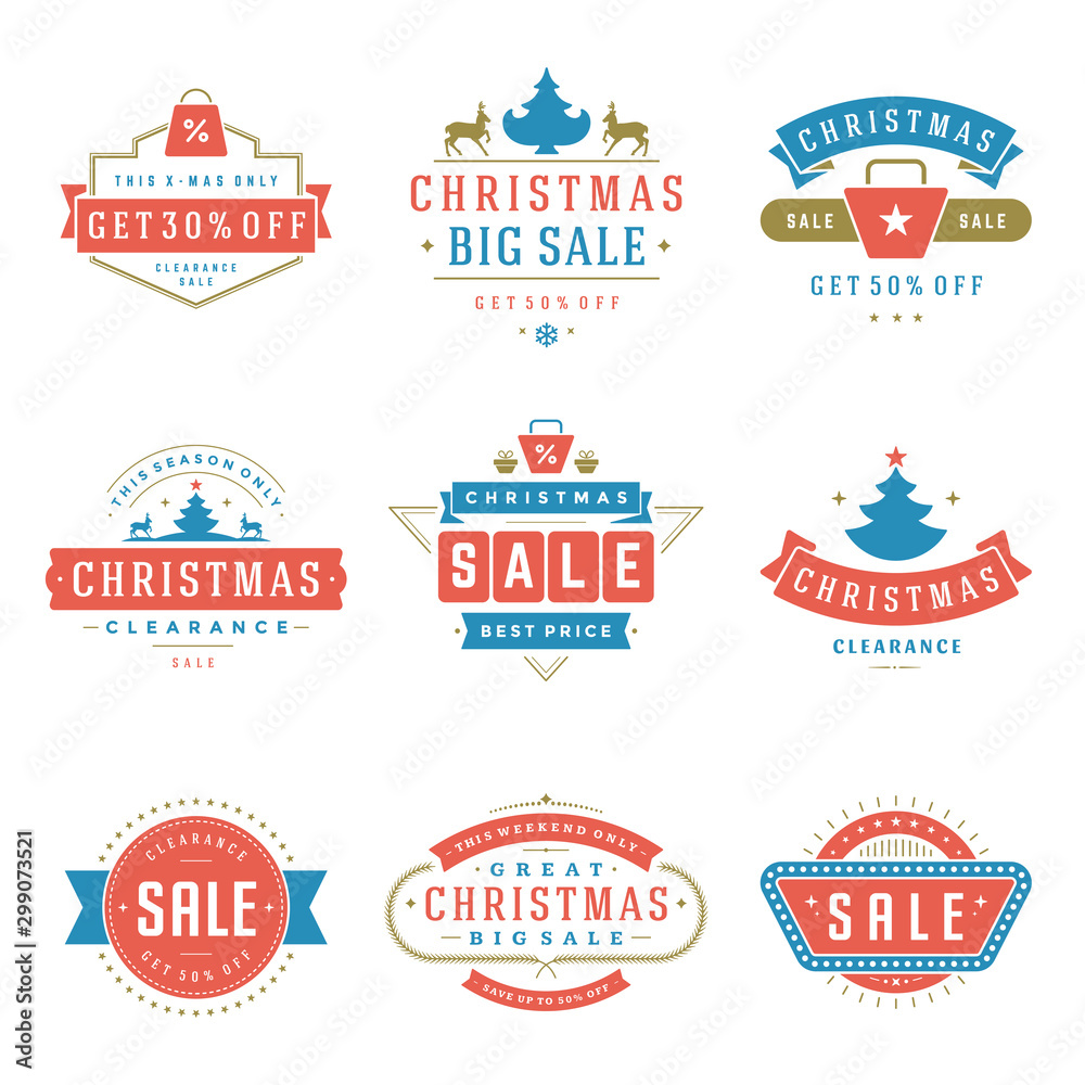 Christmas sale labels and badges with text typographic decoration design vector vintage style set