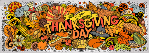 Happy Thanksgiving hand drawn cartoon doodles illustration.