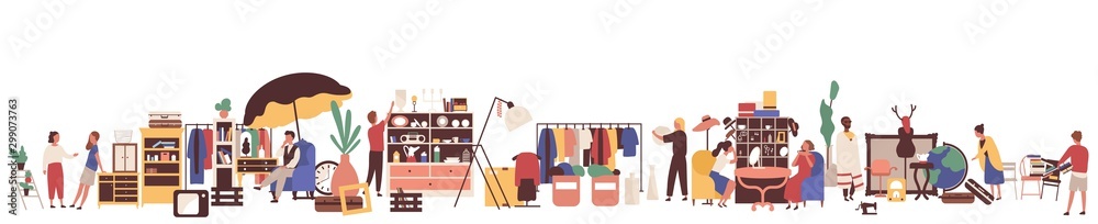 Naklejka Pchli targ ilustracji wektorowych płaski. Postaci z kreskówek dla klientów i sprzedawców. Sprzedaż detaliczna odzieży i artykułów zabytkowych. Sprzedaż garaży, sklep z odzieżą używaną. Koncepcja towarów i konsumpcjonizmu.