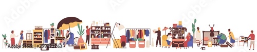 Naklejka Pchli targ ilustracji wektorowych płaski. Postaci z kreskówek dla klientów i sprzedawców. Sprzedaż detaliczna odzieży i artykułów zabytkowych. Sprzedaż garaży, sklep z odzieżą używaną. Koncepcja towarów i konsumpcjonizmu.