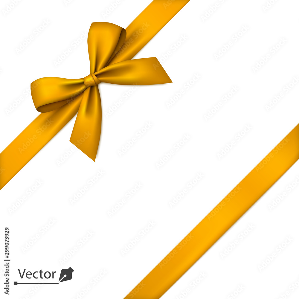 Golden bow with diagonally ribbon on the corner. Vector bow for page decor, gifts, greetings, holidays. Golden bow with diagonally ribbon on the corner. Vector bow for page decor, gifts, greetings, holidays.