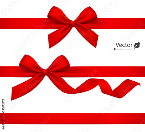 Holiday red bow with ribbon. Vector present.