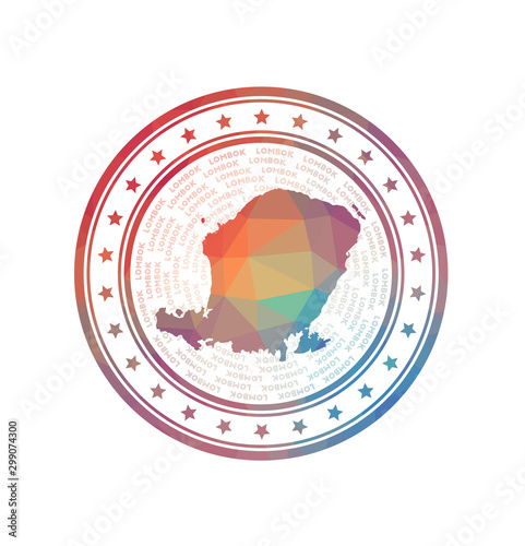 Flat low poly stamp of Lombok. Polygonal Lombok badge. Trendy vector logo of the island.