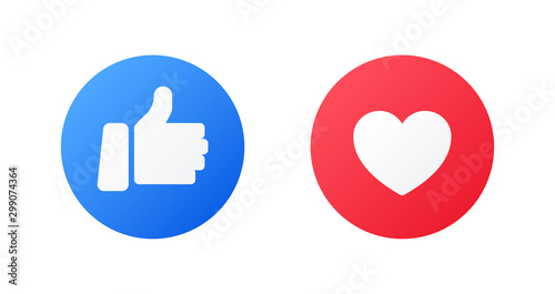 Emoji trumb up and like reactions. Hand and heard icon for social media in flat style. Emoticon good reaction in message and chat. Vector like round blue, red button photo