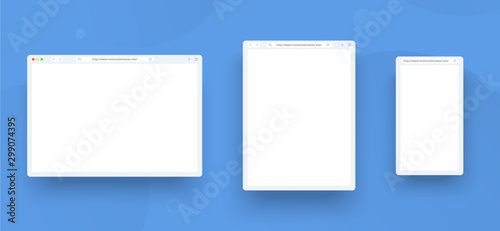 Browser template set for web, tablet and mobile. Browser window concept for different size device: desktop, pad and smartphone. Mock up for show your website in internet.