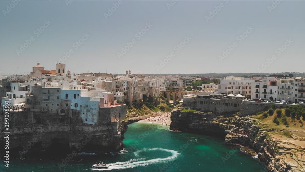 Polignano a Mare, Italy birds eye view from a drone