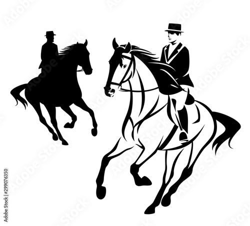 elegant man riding horse during equestrian sport competition - horseman black and white vector outline and silhouette